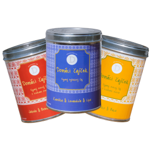 Domáci Čajíček – čaje v dóze: Jahoda & Bobuľové ovocie 125 g, Kamilka & Levanduľa & Lipa 70 g, Jablko & Baza 125 g