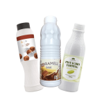Assorted topping bottles in white plastic packaging — pistachio (950 g), blueberry, caramel, chocolate, strawberry and hazelnut (1,000 g).